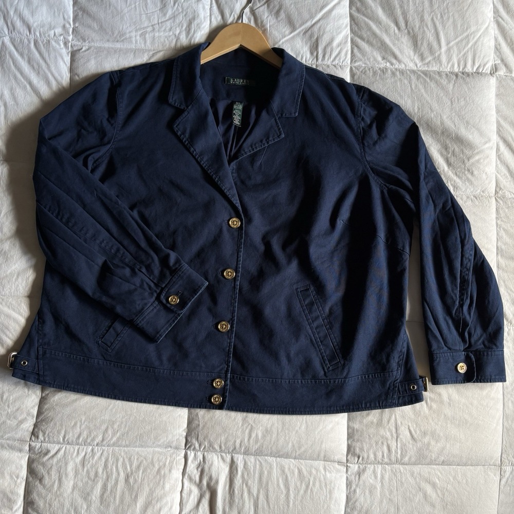 Lauren Ralph Lauren Cotton Canvas Utility Jacket Blazer 22W Navy Blue Gold Money